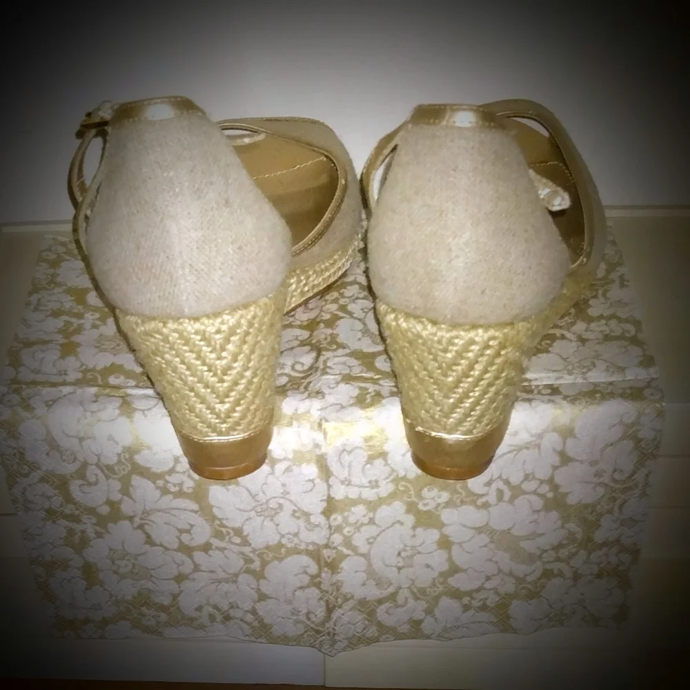 Wedge Peep-Toe Ankle-Strap Sandals in Beige